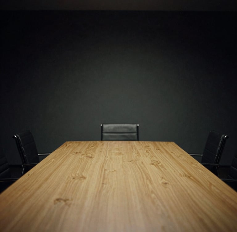 Dark moody editorial photography of a quiet executive boardroom, low-key dramatic chiaroscuro lighting, deep charcoal and champagne gold tones, 35mm film.
