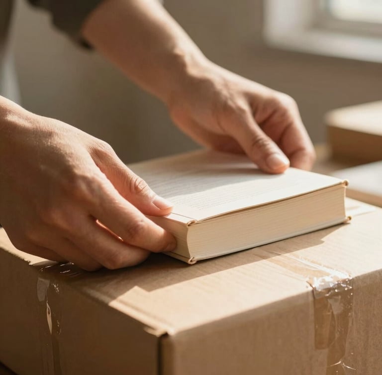 Hands carefully preparing a package of books in warm, natural morning light, shallow depth of field, 35mm editorial photography.