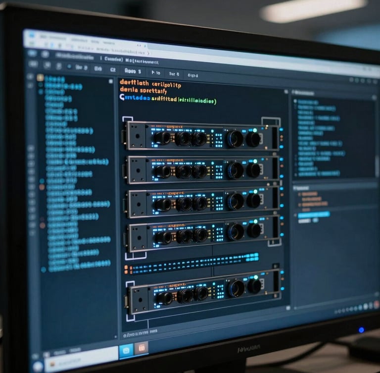 Cool-toned low-key lighting showing a close-up of complex network interfaces and terminal code on a high-contrast monitor in a secure operations center, sharp electric blue highlights.