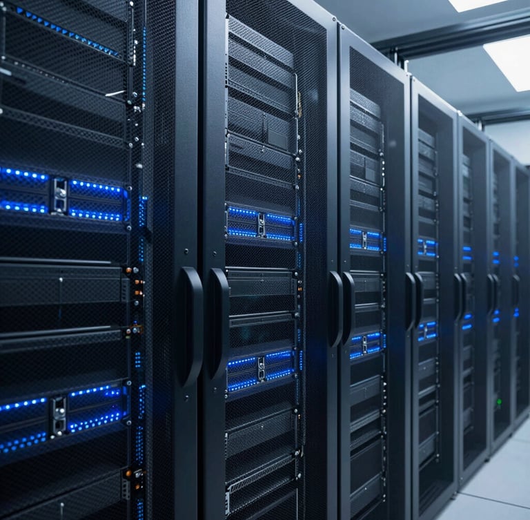 Cool-toned low-key lighting of a modern data center rack, sharp electric blue highlights, structured architectural perspective.