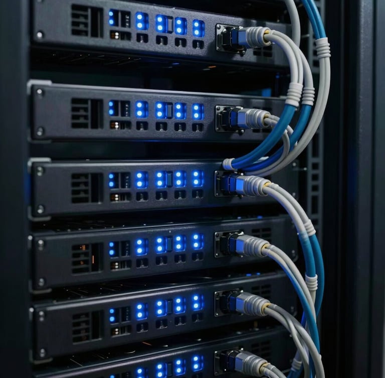 Tight, macro shot of server racks with cool-toned blue LED indicators, crisp technical cable management, low-key lighting.