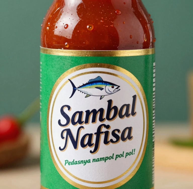 Macro close-up of a glossy die-cut sticker label applied to a glass jar of chili paste, bright morning daylight, sharp focus on texture