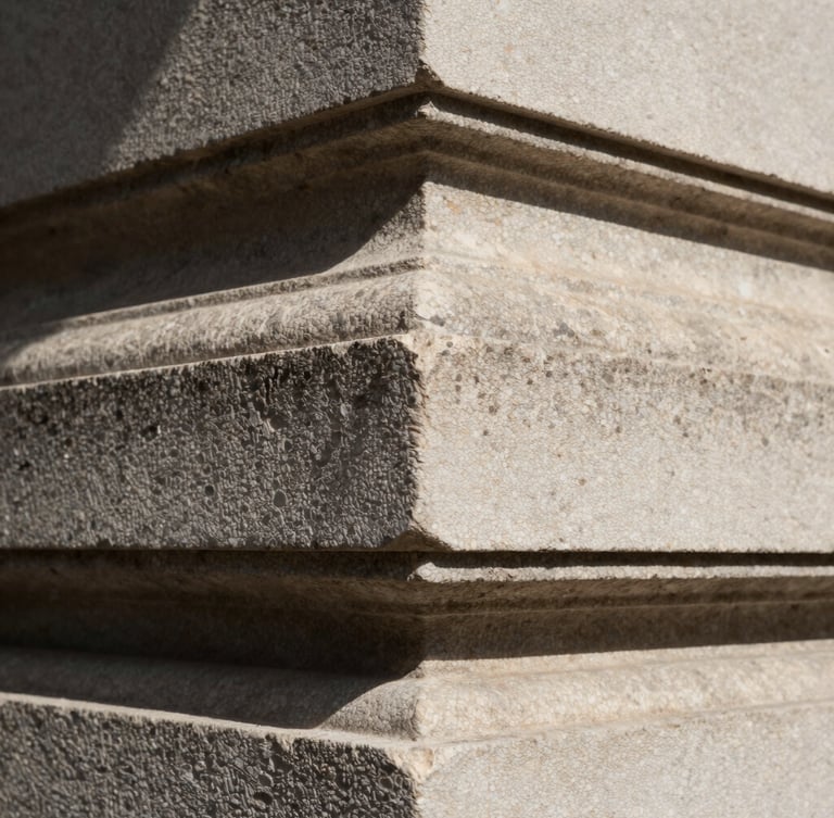 Tight macro crop of textured limestone architectural facade under sharp directional sunlight, high-contrast shadows.