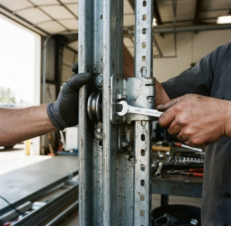 Technician's hands in close-up adjusting a heavy steel garage door track, bright garage interior lighting, focus on precision and mechanism.