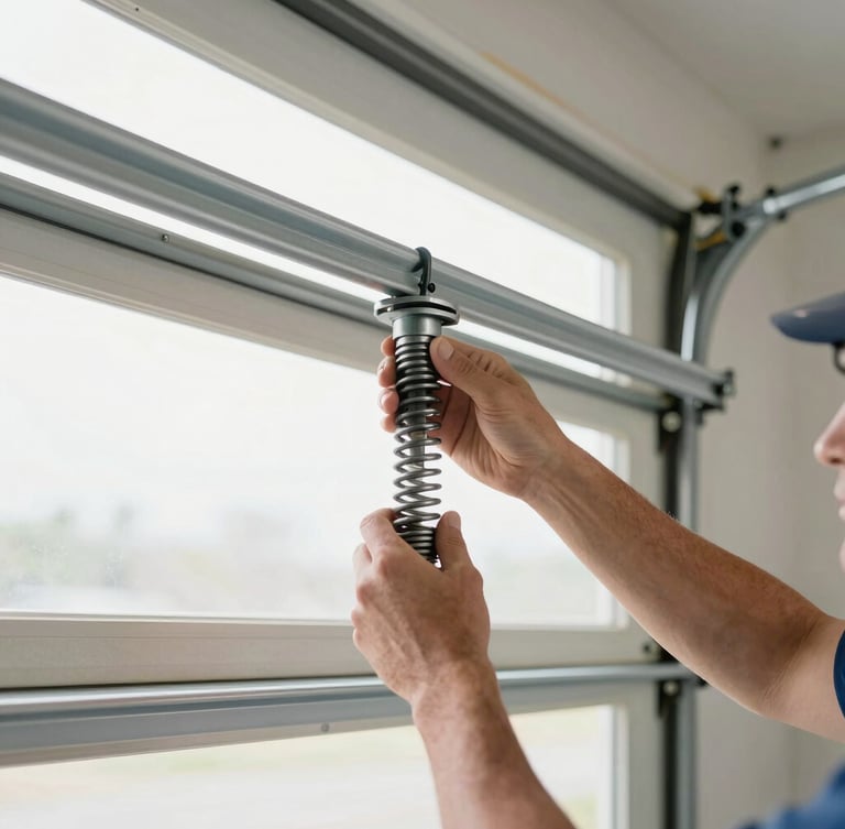 Close-up, medium-close shot of a technician's hands installing a high-cycle torsion spring on a garage door, showing robust steel tracks and clean industrial tones, bright garage interior lighting.