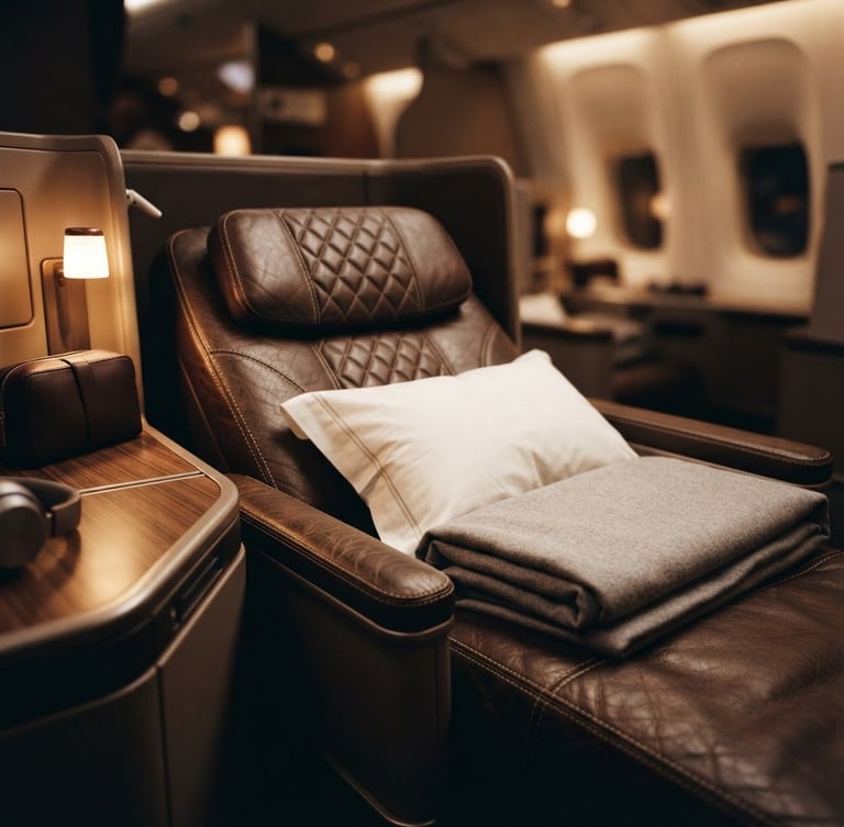 Close-up of a luxury business class flatbed cabin seat, warm soft ambient lighting, elegant leather textures, shallow depth of field, 35mm