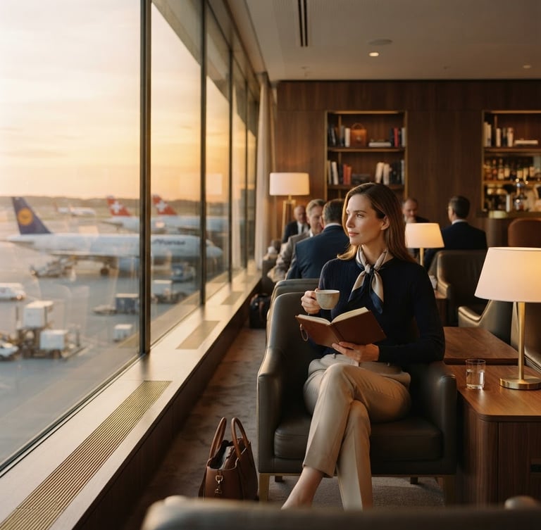 Elegant editorial travel photography of a quiet airport lounge, warm golden hour sun streaming through terminal windows, shallow depth of field, 35mm