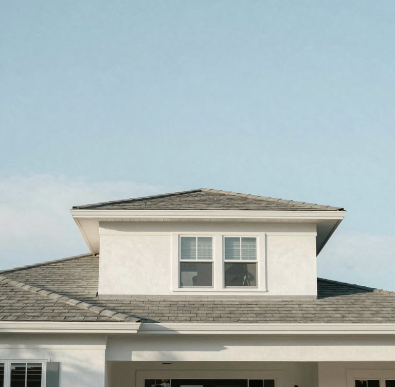 Straight-on architectural elevation of a modern residential home under a pastel sky blue Florida sky, clean shingle roofline, soft natural daylight, 35mm
