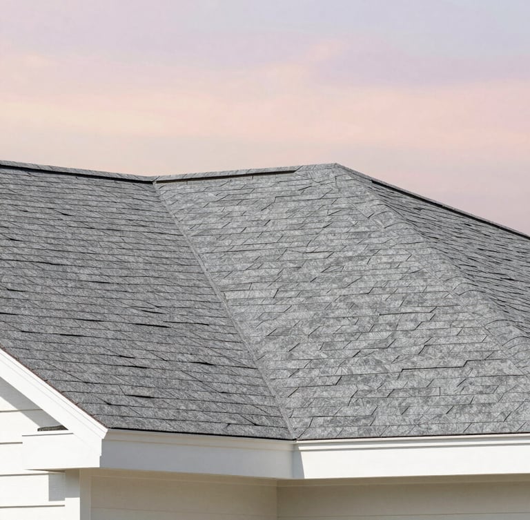 Close-up of pristine gray architectural shingles on a modern roof under soft daylight, clean geometric composition