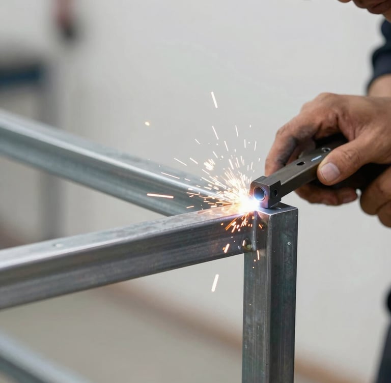 Close-up of a professional metal fabricator welding a steel frame, bright orange sparks flying, clean workshop background, high contrast, crisp detail