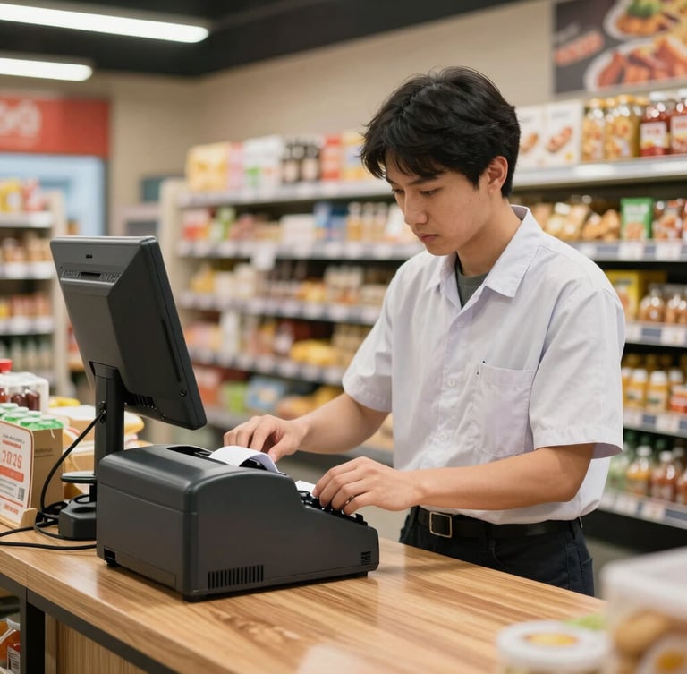 A technician in a clean uniform adjusting a rugged POS receipt printer on a wooden checkout counter of an active local food market, bright commercial lighting.