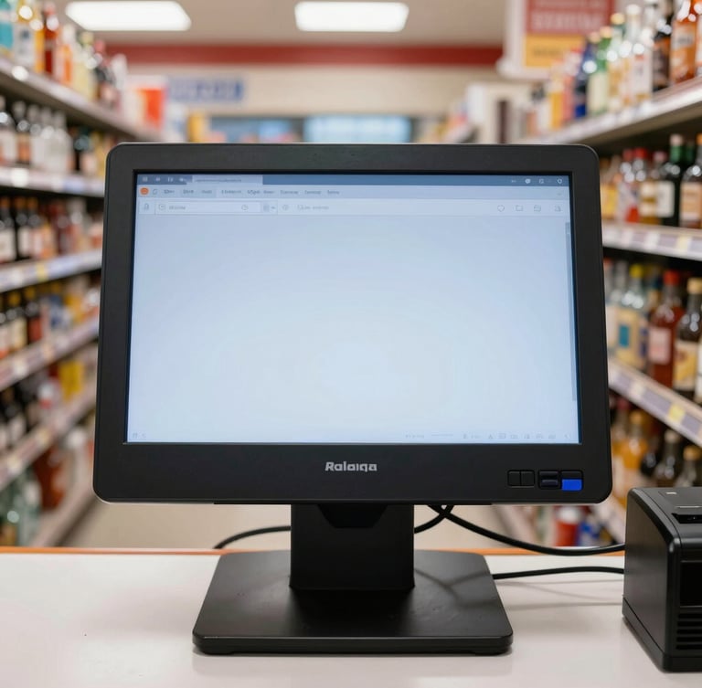 First-person perspective of a heavy-duty physical POS terminal screen at a busy liquor store counter, sharp focus, bright commercial store lighting, realistic retail environment
