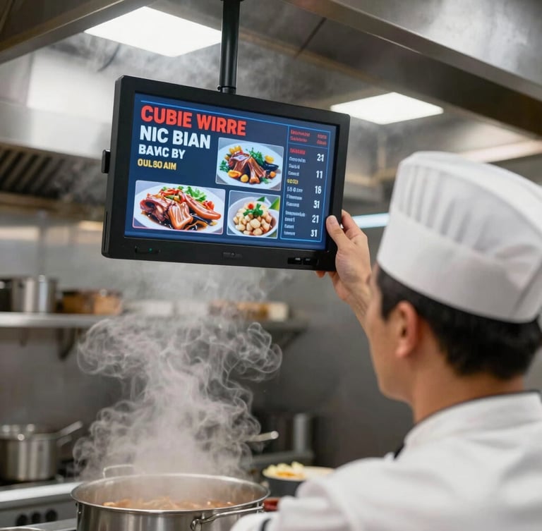 First-person perspective of a chef checking an active kitchen display screen in a steamy, fast-paced restaurant kitchen, bright commercial lighting, realistic environment.