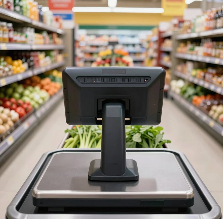 A close-up first-person view of a heavy-duty POS terminal with an integrated scanner-scale unit in a bright, bustling independent grocery store checkout lane, fresh produce on the belt.