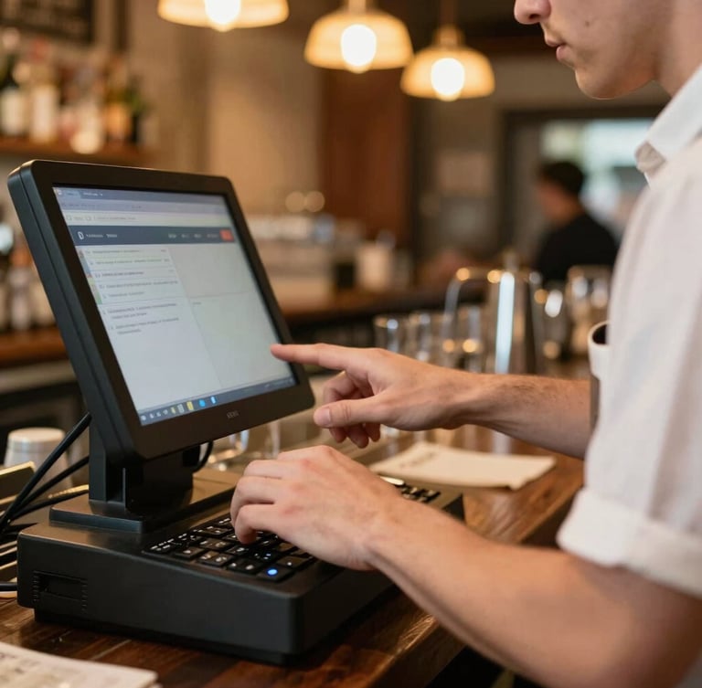 Medium close-up of a busy bartender tapping a rugged terminal screen with active, warm amber bar lighting in the background, sharp focus, 35mm lens.