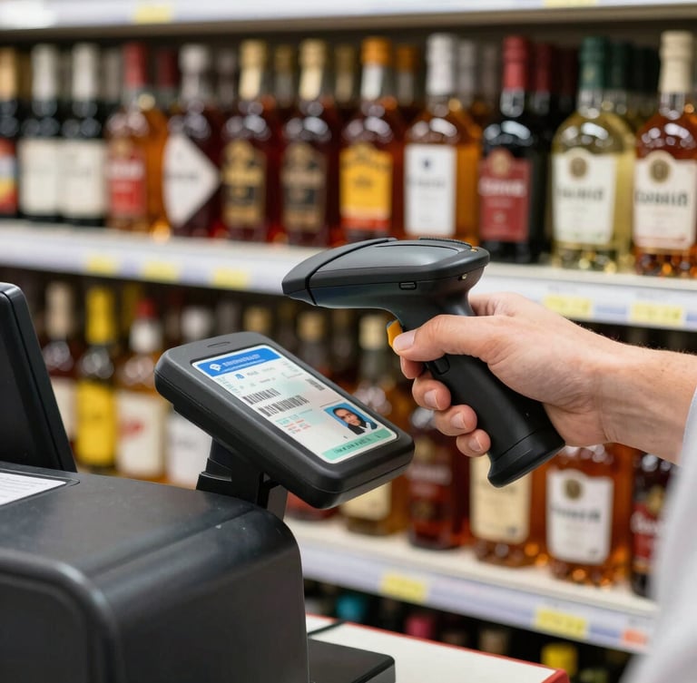 Close-up commercial photography of a cashier's hand scanning a driver's license barcode under bright store lights, heavy-duty scanner visible, liquor bottles neatly stacked on shelves behind.
