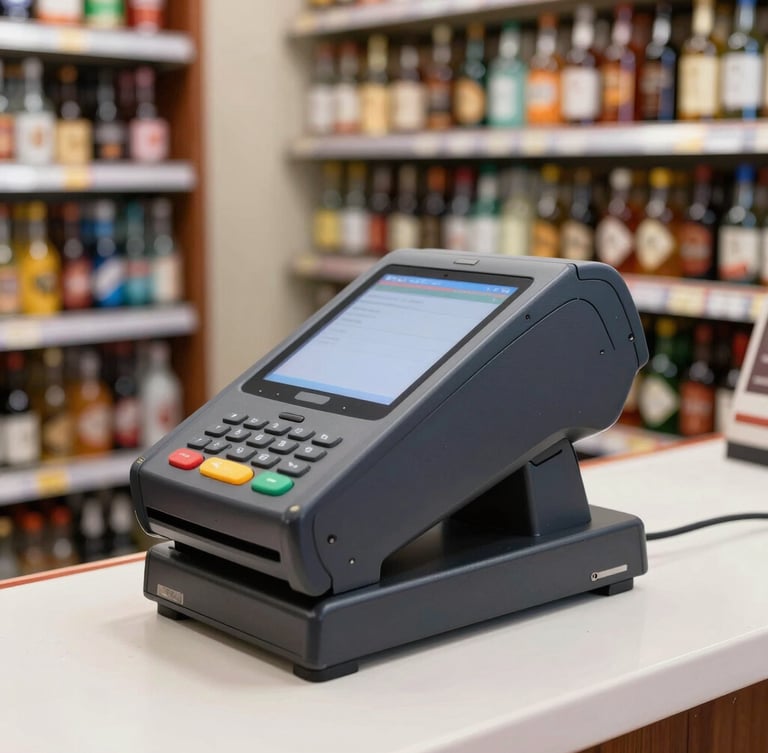 A close-up of a rugged physical POS terminal on a busy liquor store counter, bright commercial lighting, sharp focus on the heavy-duty hardware.