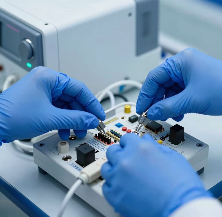 Macro close-up of hands in blue sterile gloves calibrating a complex medical circuit board of an anesthesia machine, cool blue clinical lighting, sharp focus on electronic components, clean laboratory setting, 50mm