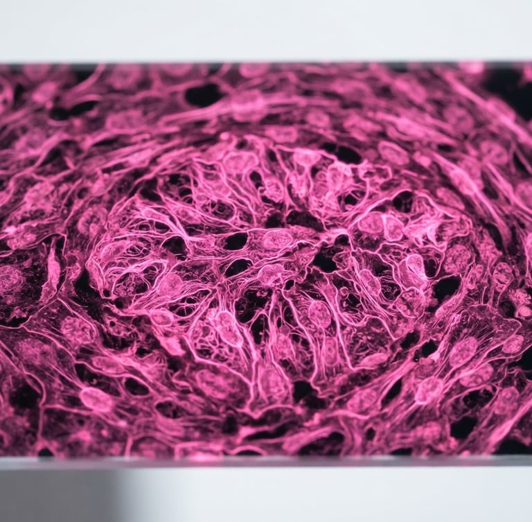 Macro close-up of glowing pink fluorescent cellular structures under UV light, clean white laboratory backdrop, high-contrast futuristic medical photography