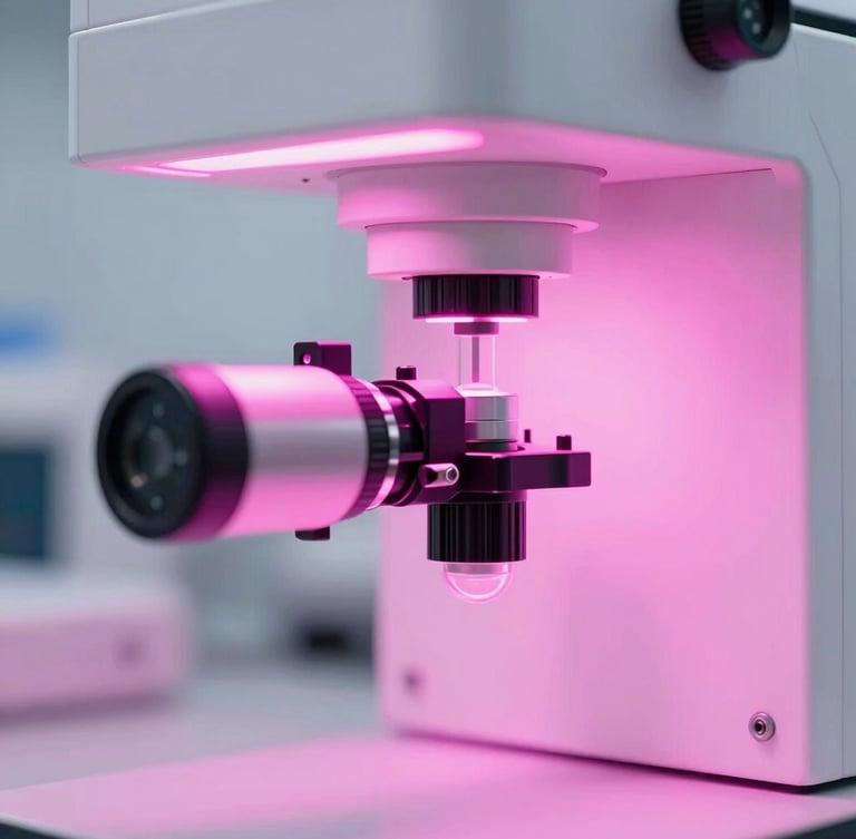 Macro close-up of high-tech laboratory equipment under pink-tinted UV light, clean modern medical facility, 35mm clinical photography