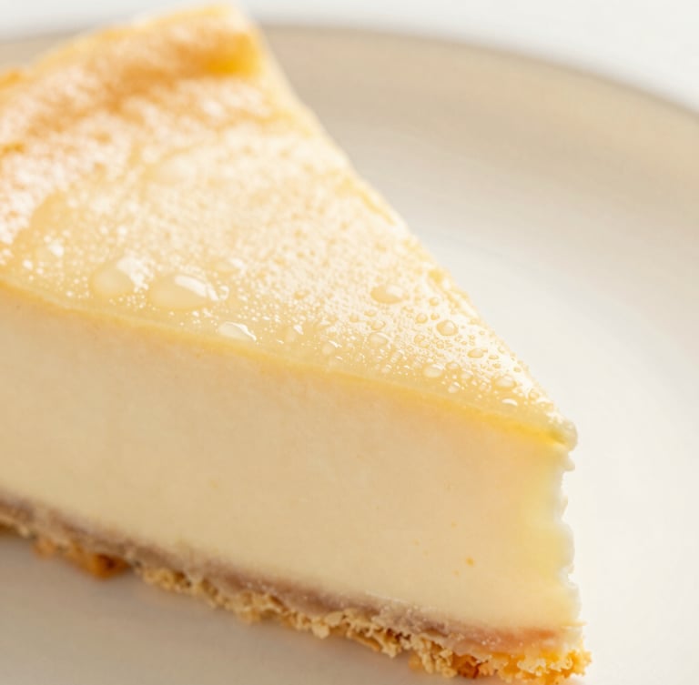 Macro shot of fresh cheesecake texture with soft condensation, warm side lighting, elegant linen background, shallow depth of field.