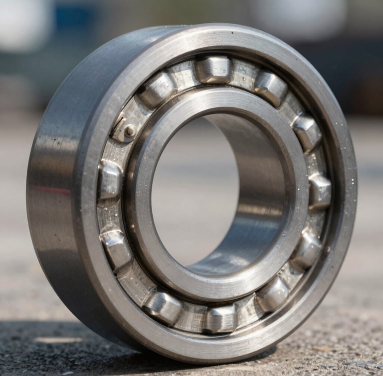 Macro sharp industrial photography of a heavy steel spherical roller bearing with visible metallic textures, high-contrast industrial lighting, sharp depth of field