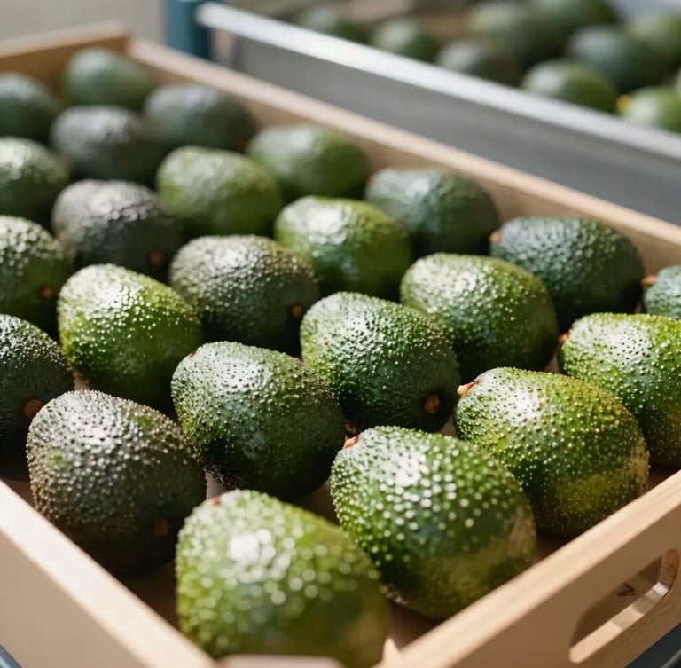 Close-up of fresh, high-quality green avocados being sorted in a modern, bright agricultural processing facility, natural high-contrast sunlight, 35mm lens.