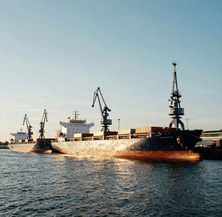 A wide-angle environmental photograph of Rotterdam harbor, massive cargo ships docked alongside modern cranes, golden hour light reflecting off the water.