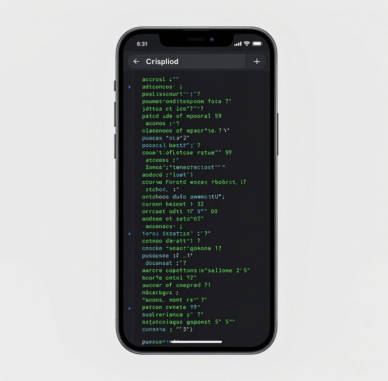 Crisp front-facing orthographic render of a modern Android smartphone displaying a clean monospaced markdown editor interface with green syntax highlighting, flat studio lighting, light gray background.