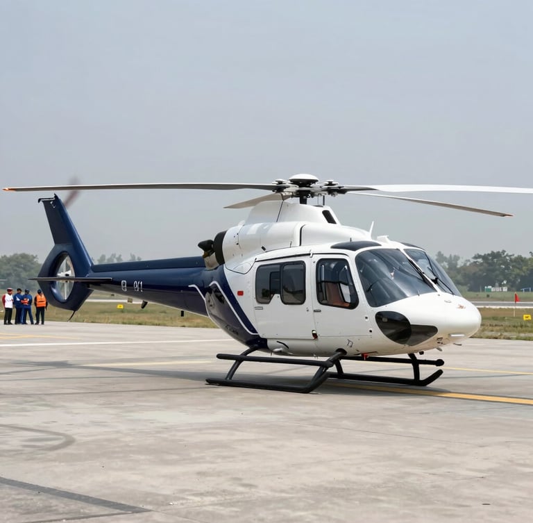 Wide-angle environmental shot of a modern medical helicopter idling on a clean concrete runway in India, clinical white and deep navy fuselage, high-clarity cool daylight, emergency team visible in background.