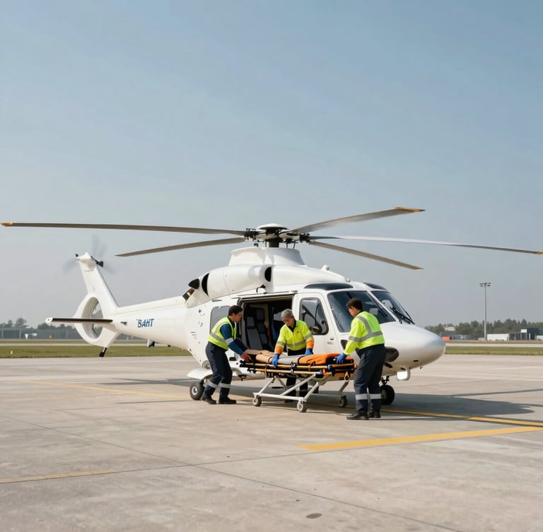Wide environmental shot of a modern medical transport helicopter on a clean tarmac, medical team in high-visibility uniforms preparing a stretcher, bright daylight.