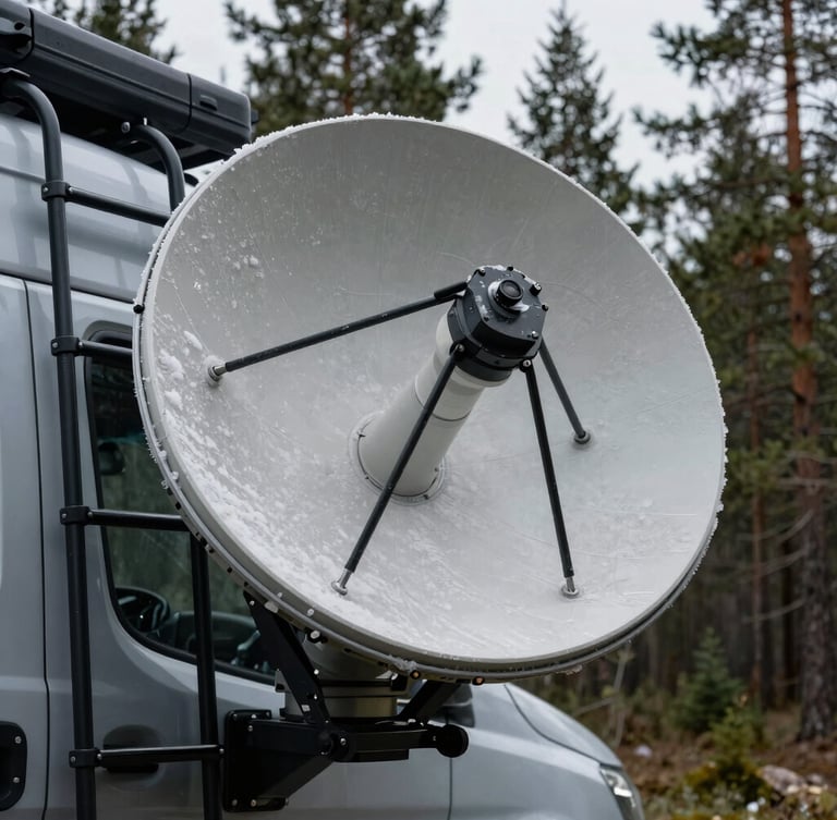 Close-up of a ruggedized, ice-resistant satellite dish mounted to the black steel ladder of an adventure van, overcast daylight, pine forest background.