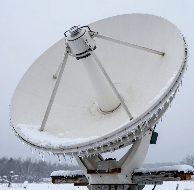 Extreme close-up of a ruggedized satellite dish active in deep snow, thick steel mounting arm bolted to weathered timber, ice melting off the hydrophobic surface, overcast daylight