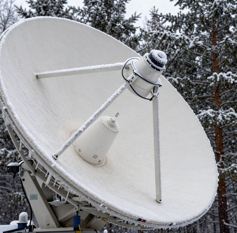 Extreme close-up of a ruggedized satellite dish active in a heavy blizzard, thick ice melting off the heated transmitter arm, dark pine forest background
