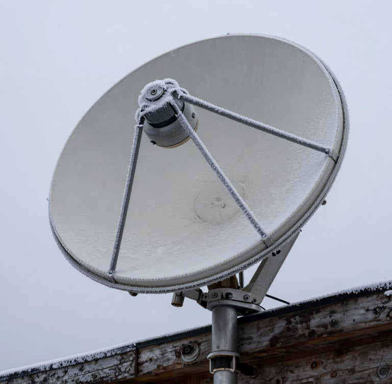 Close-up of a ruggedized satellite dish covered in light frost, mounted securely to weathered timber beams under an overcast grey sky