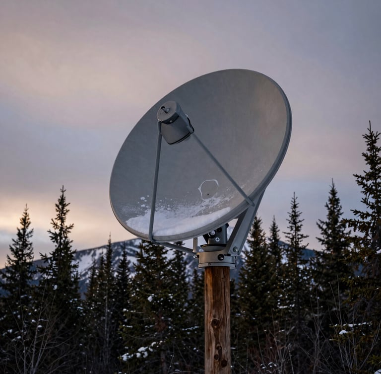 Overcast twilight in the Canadian Rockies; a rugged satellite dish mounted on a heavy timber post, snow dusting the metal, high-contrast forest background.