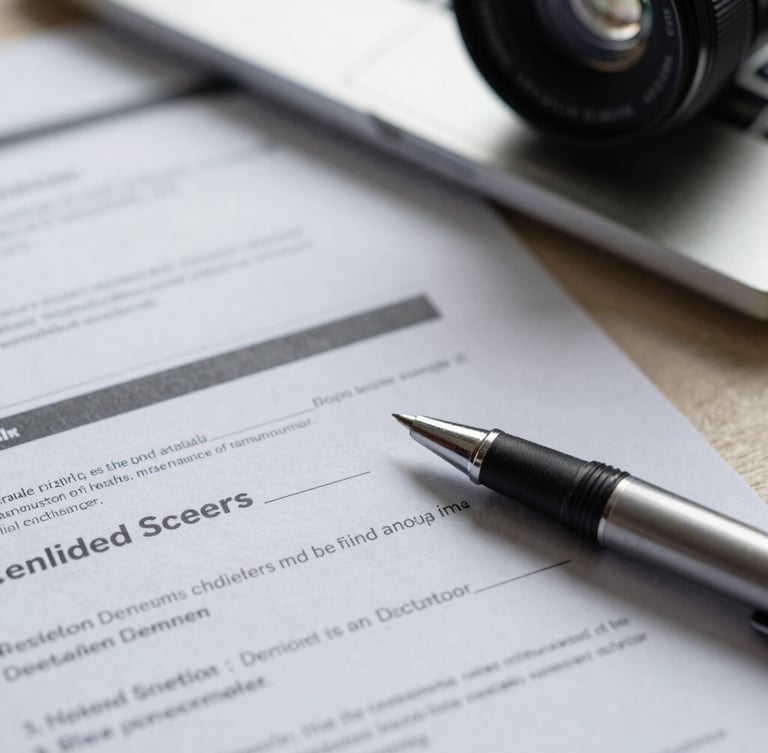 Macro detail of high-quality physical financial documents and a precision pen on a slate desk, cool directional office lighting, sharp focus.