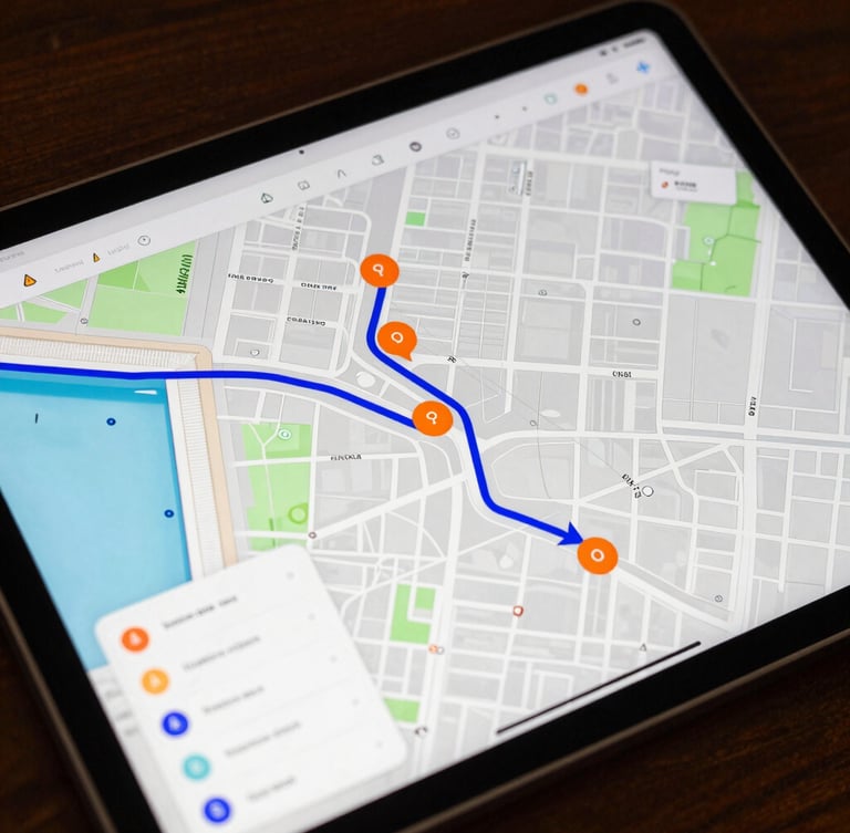 A close-up of a rugged tablet interface displaying a detailed street map with optimized blue route lines and orange stop markers next to a swimming pool edge