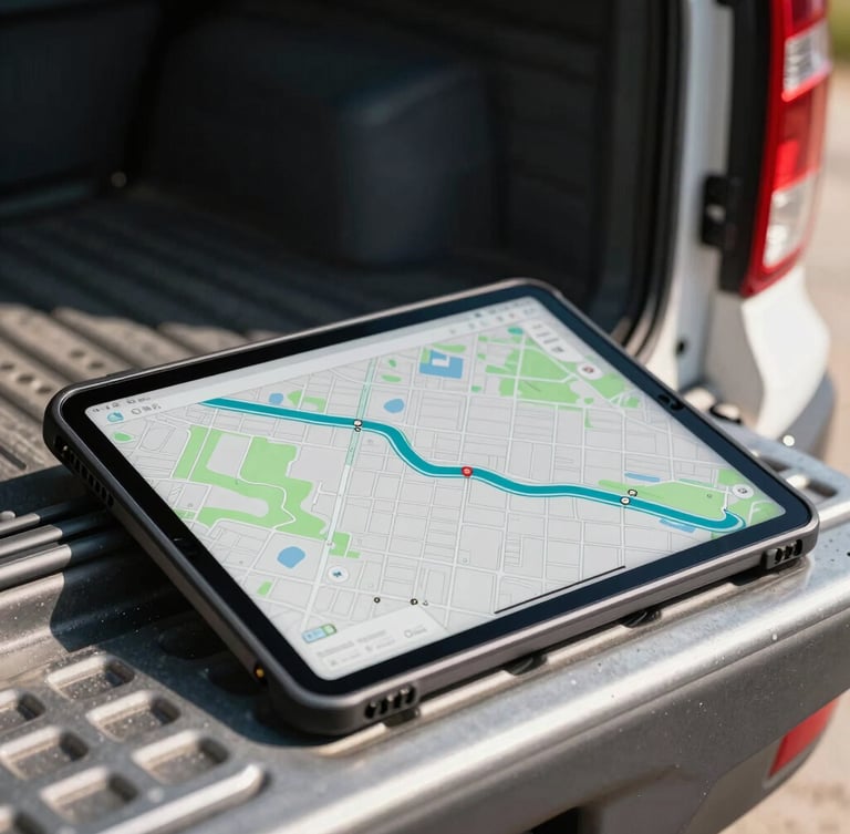 Close-up of a rugged tablet displaying a high-contrast route map with cyan path lines, resting on the metal tailgate of a pool service truck, bright midday sun.