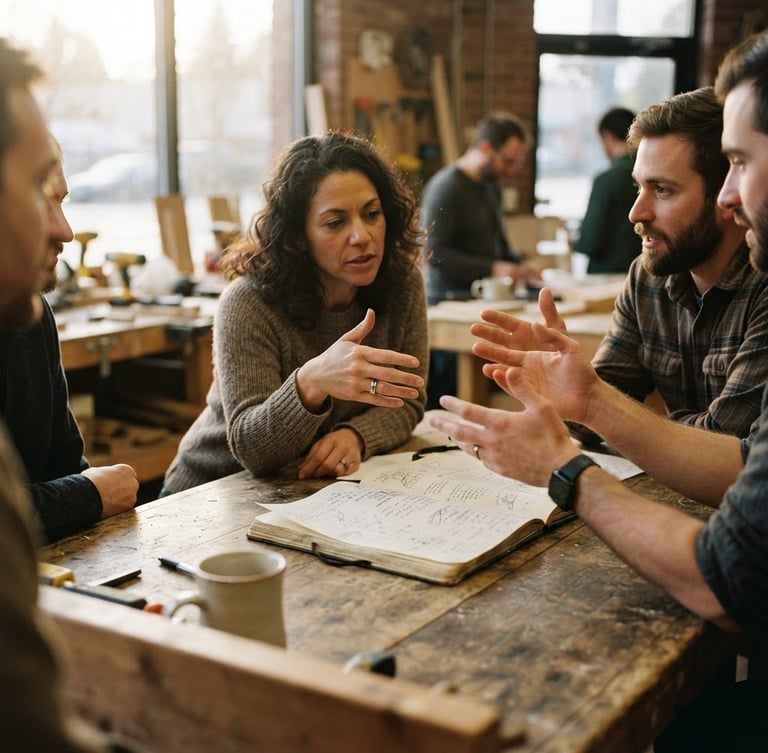 Candid eye-level shot of community members sitting around a wooden table in a warm Seattle workshop space, soft natural daylight, focusing on hands gesturing over a notebook, 35mm editorial style