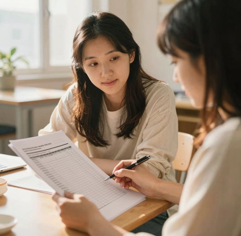Candid, warm photo of two women looking over a budget sheet together in a bright, sunlit community room, soft focus on their hands, natural daylight, 35mm editorial