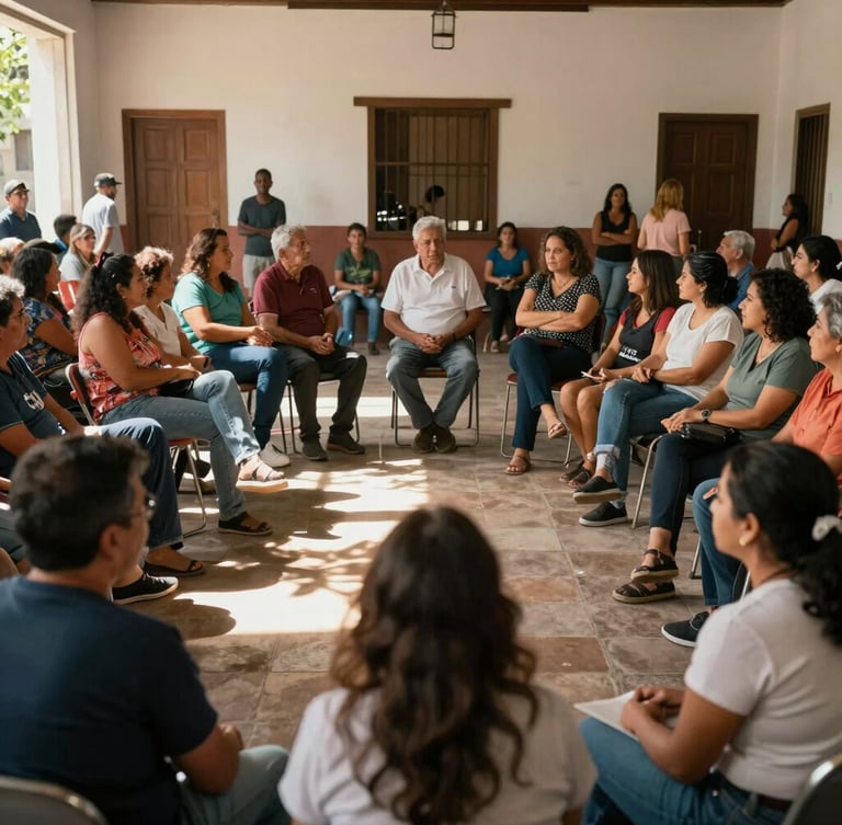 A wide environmental shot of a diverse Argentine community gathering in a warm, sunlit local hall in Buenos Aires, people talking in groups, natural daylight.
