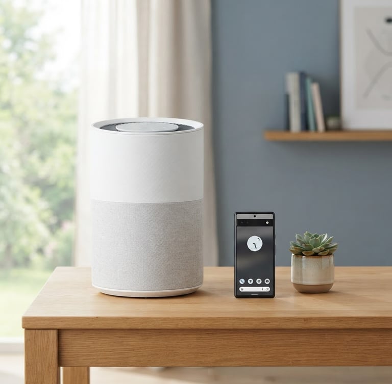 Straight-on eye-level studio shot of a modern air purifier and a smartphone arranged neatly on a clean wooden desk, bright natural window light, slate-blue background accents