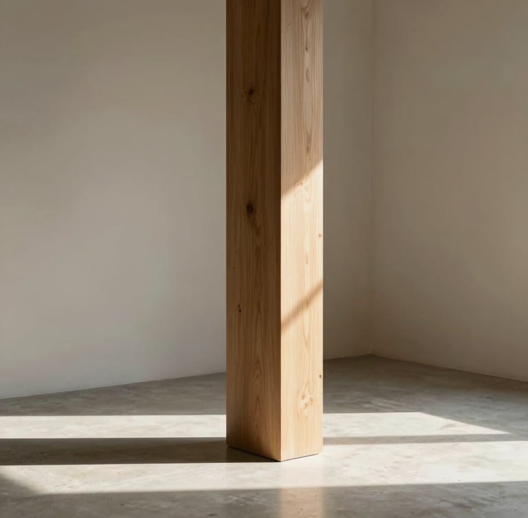 Vertical portrait of a minimalist corner with a raw oak column, cast concrete floor, and soft natural light casting long shadows