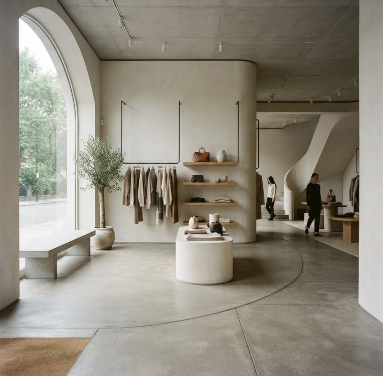 Wide-angle architectural shot of a minimalist boutique retail interior, warm-gray cast concrete flooring, soft diffused daylight streaming through high windows, uncrowded spatial layout