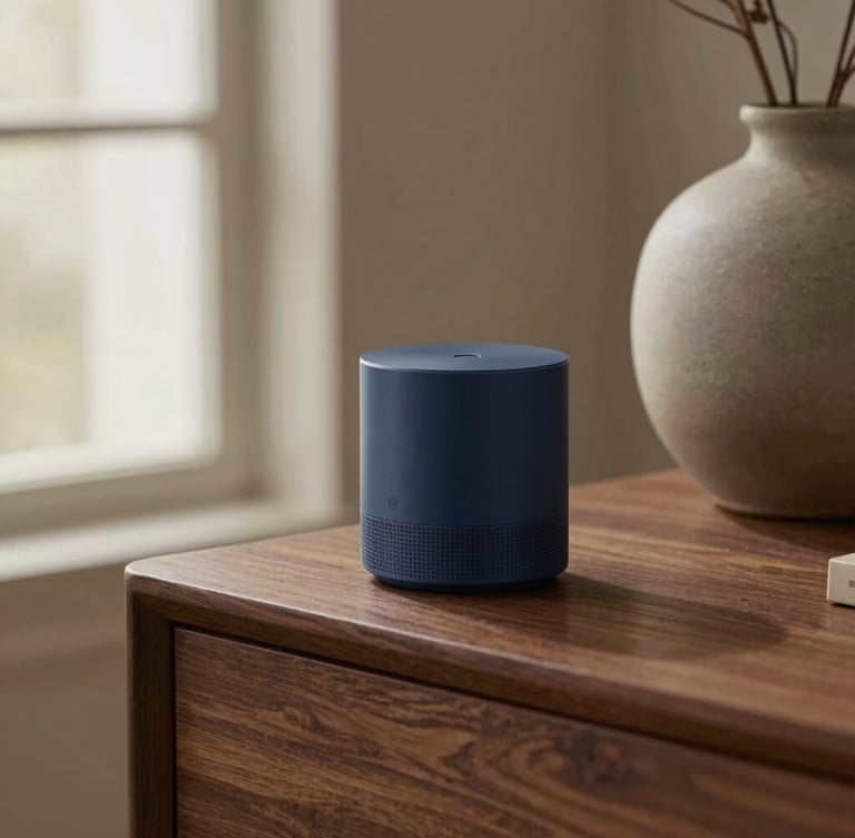 A close-up of a beautifully designed, minimalist smart home sensor resting on a dark wooden side table next to a ceramic vase in a warm, modern living room.