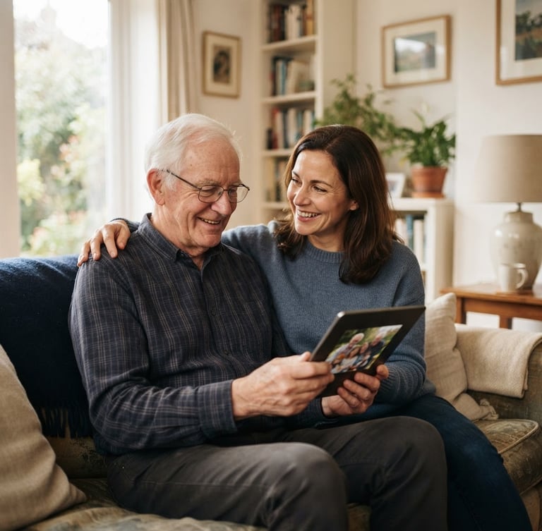 Warm environmental portrait of an adult daughter and her aging father sitting together in a sunlit living room, holding a tablet, natural window light, soft focus background