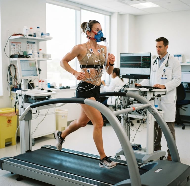 Atleta en un laboratorio clínico, realizando una prueba de esfuerzo en cinta, con sensores biométricos y un médico monitoreando en segundo plano. Iluminación natural brillante, tonos clínicos, enfoque nítido, precisión atlética.