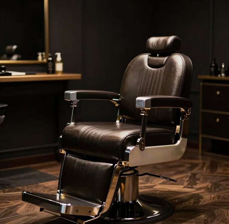 Moody editorial photography, dramatic low-key spotlighting, a pristine empty leather barber chair in a dark luxury studio, shallow depth of field, 85mm lens