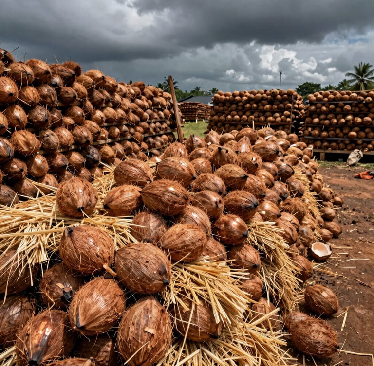 High-contrast documentary shot of raw coconut husks and rice straw stacked neatly in an open-air regional collection yard, dramatic overcast Tamil Nadu daylight.